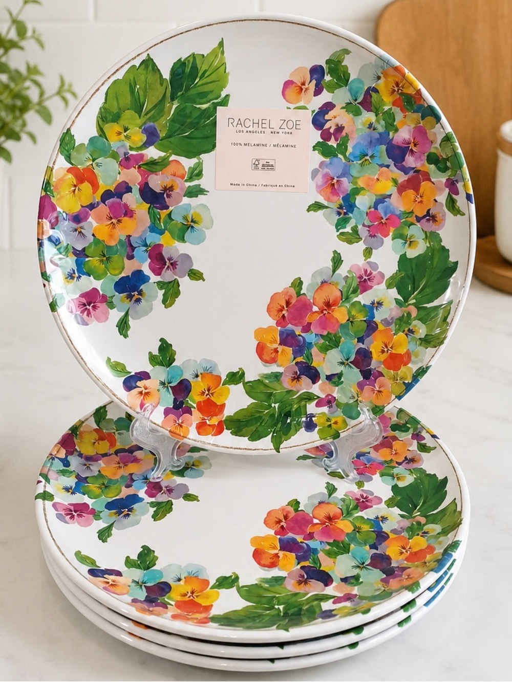 Rachel Zoe Set of 4 Pansies Melamine 11" Dinner Plates Outdoor Shabby Chic NEW